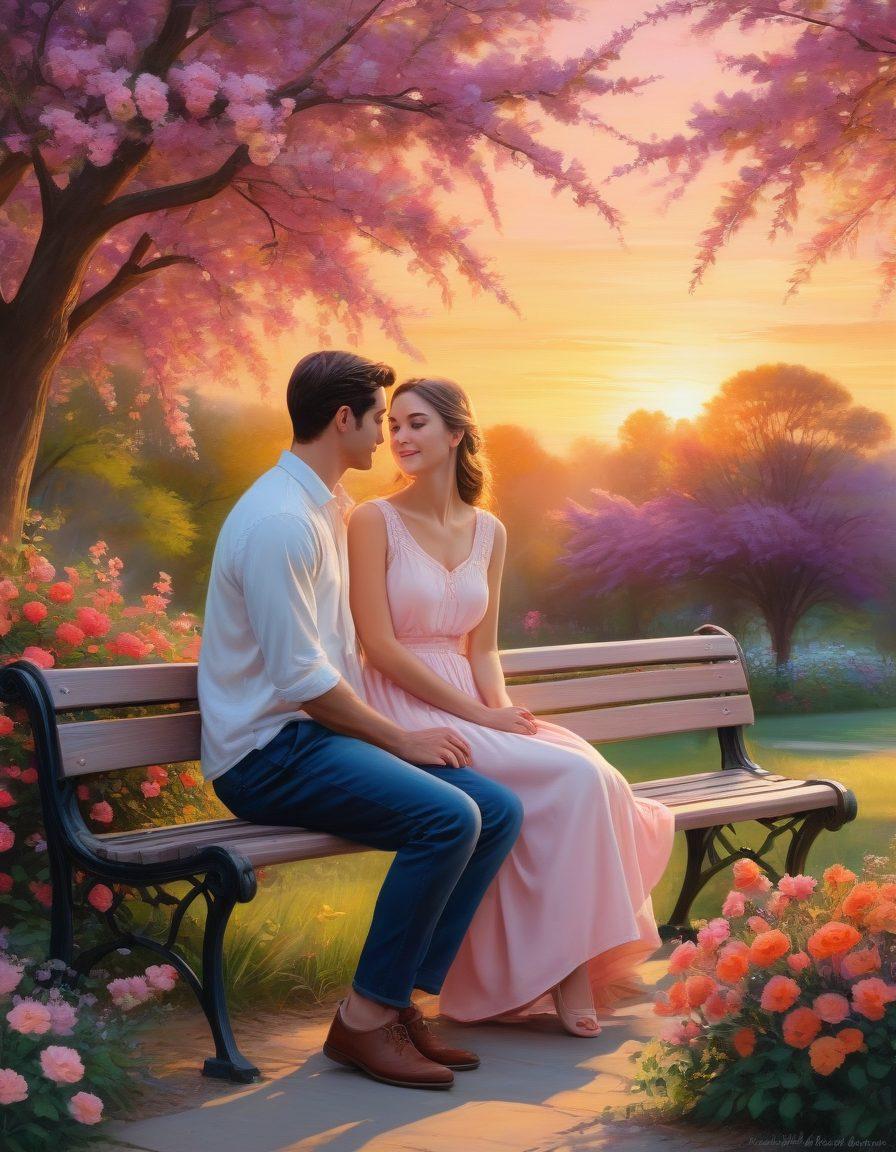 A couple sitting closely on a park bench, sharing a heartfelt conversation, surrounded by blooming flowers and a sunset in the background. Their body language signifies warmth and connection, with subtle heart-shaped light effects around them symbolizing love. Soft glow illuminating their faces, capturing genuine emotions. pastel colors. romantic painting.