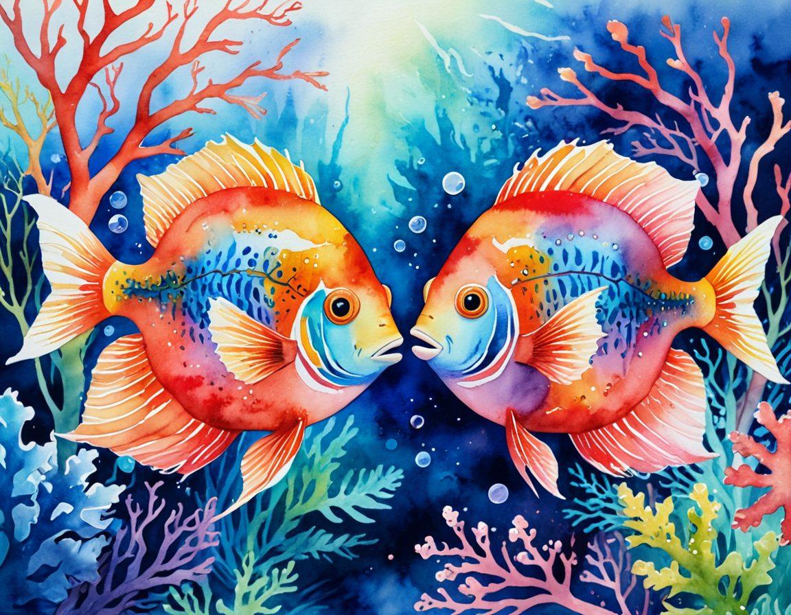 A serene underwater scene featuring two colorful fish entangled in vibrant coral, symbolizing emotional bonds. Above, a soft light filters through the surface, creating a warm ambiance that represents love. Subtle heart shapes can be seen in the coral formations, enhancing the theme of romance. Include delicate bubbles rising towards the surface, illustrating the journey of navigating relationships. watercolor painting. vibrant colors.