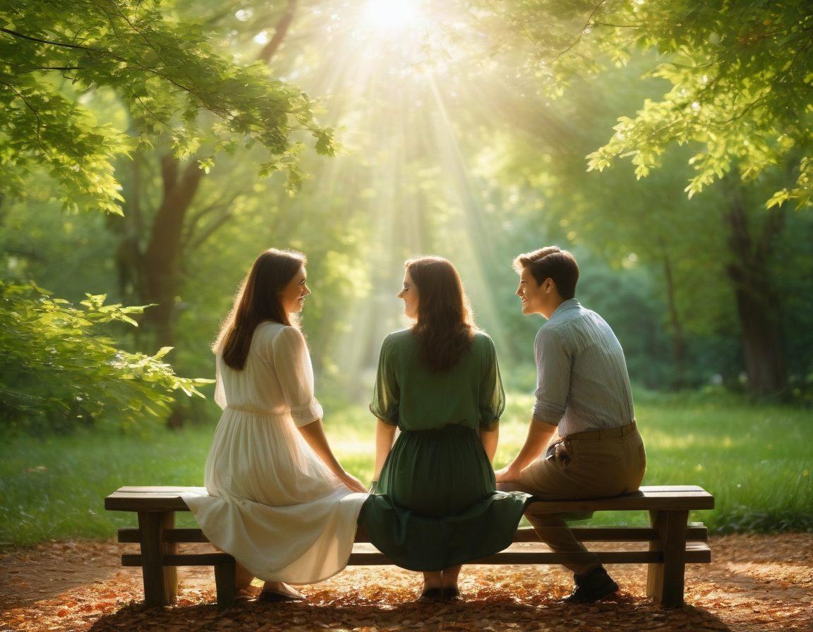 A serene scene depicting two friends sitting together, sharing a heartfelt conversation in a lush green park. One friend is listening intently, showcasing empathy, while the other expresses emotions with soft gestures. Emphasize warmth, connection, and understanding through soft, natural lighting and rich, inviting colors. Include subtle heart shapes formed by the leaves above them. vibrant colors. super-realistic.